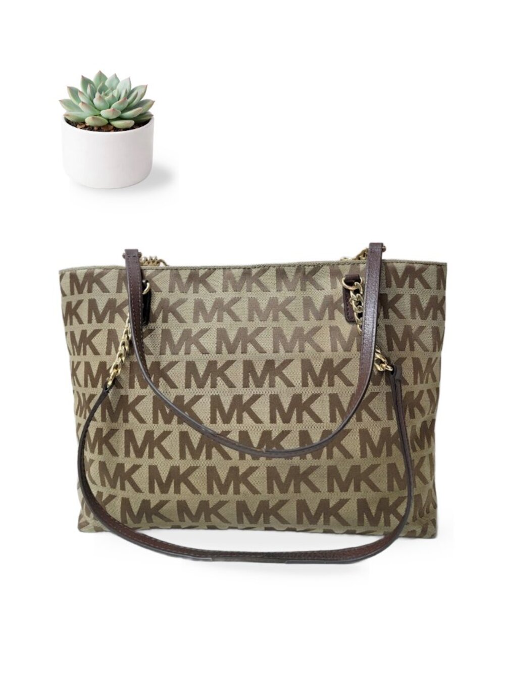 Michael Kors Jet Set Handbags Chain Tote Signature Jacquard Beige 38T2XJST7J